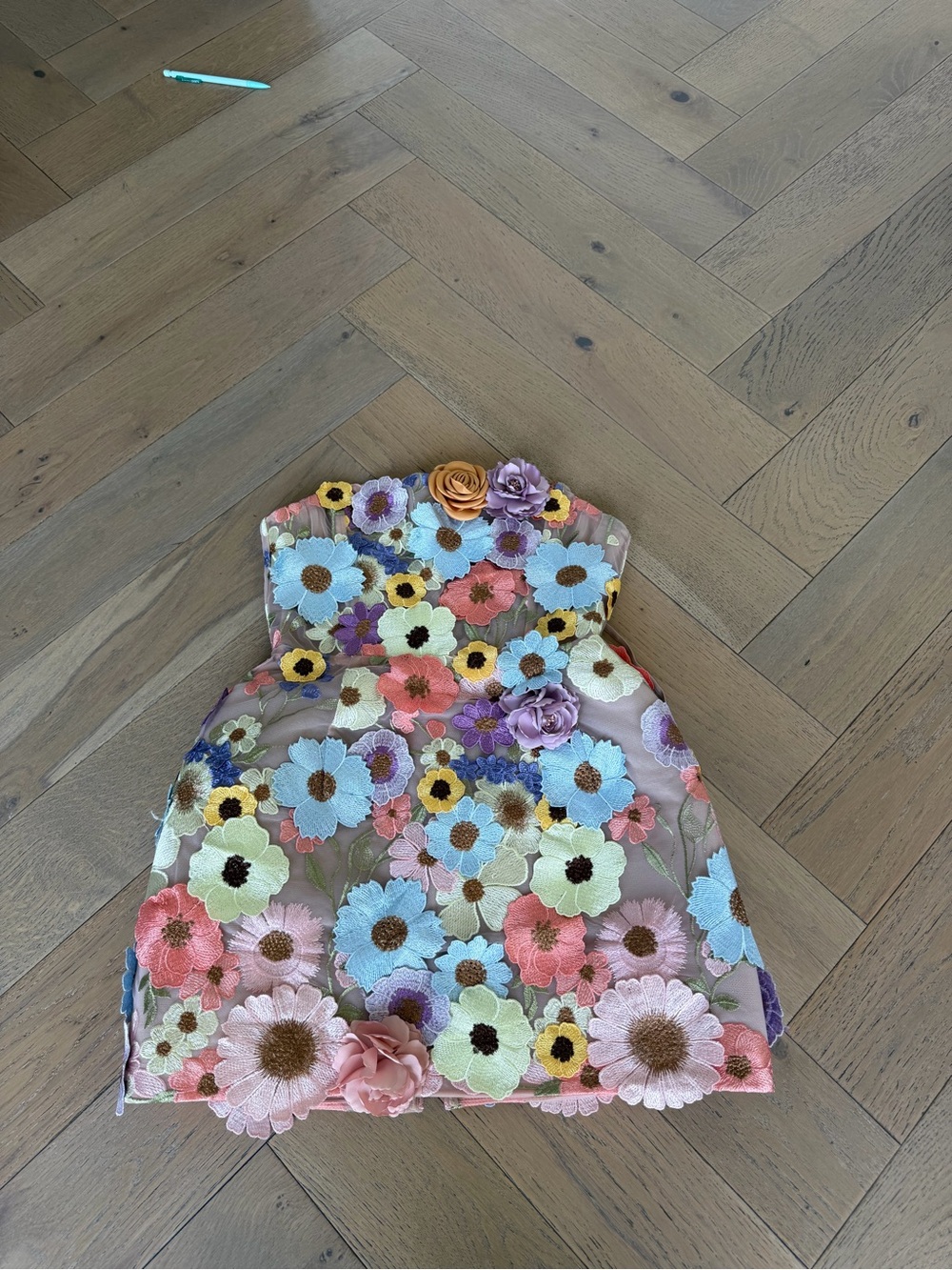 Bronx and Banco Pastel Floral 3D Appliqué Strapless Mini Dress